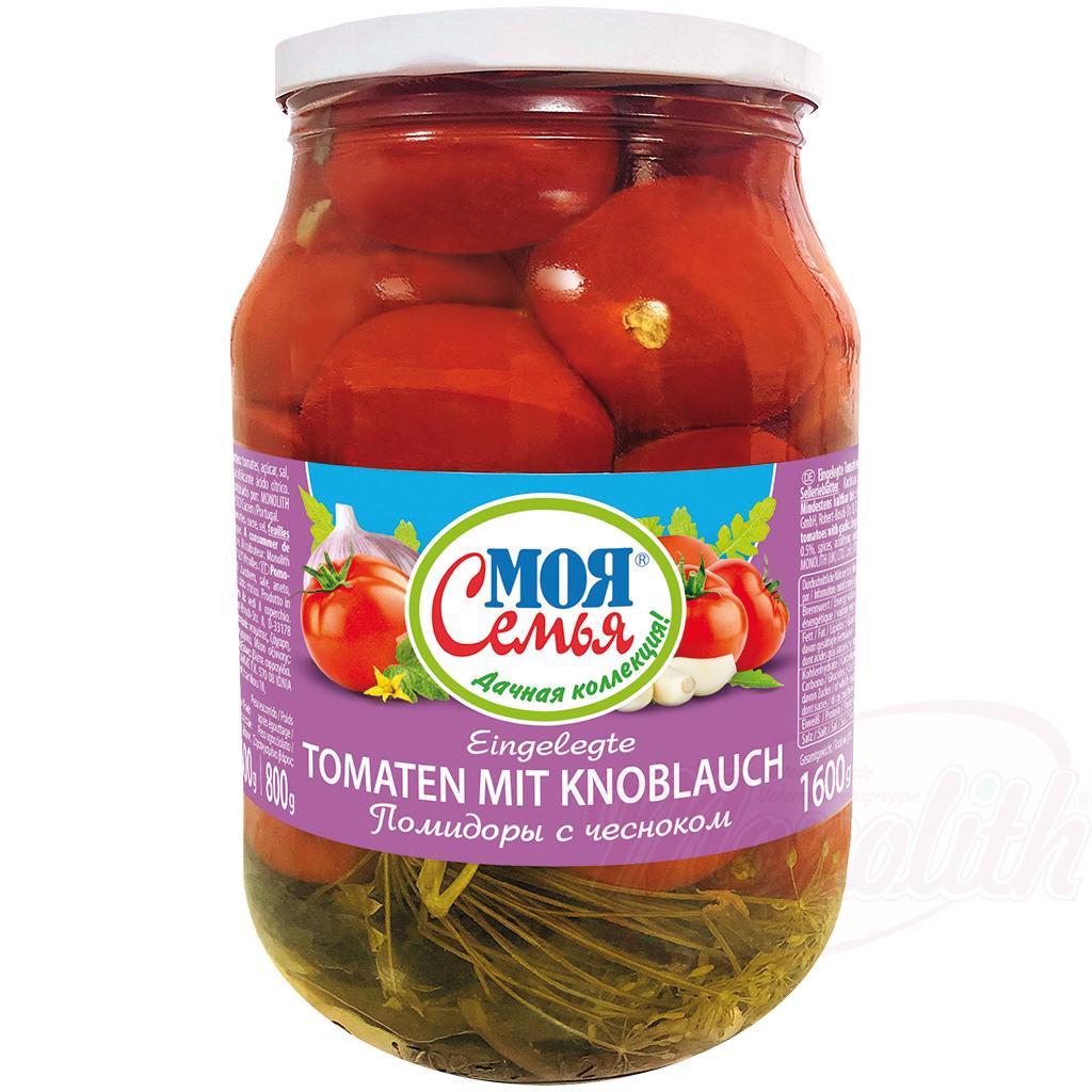 Tomates marinées à l’ail "Moya Semya", 1,7L. Помидоры консервированные с чесноком