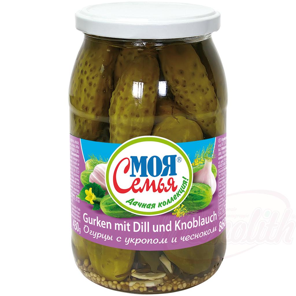 Cornichons marines à l’aneth et l’all, 860g. Огурцы с чесноком "Моя семья"