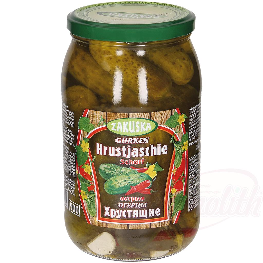 Cornichons "Hrustjaschie", piquants, 860g. Консервированные огурцы "Hrustjaschie", острые