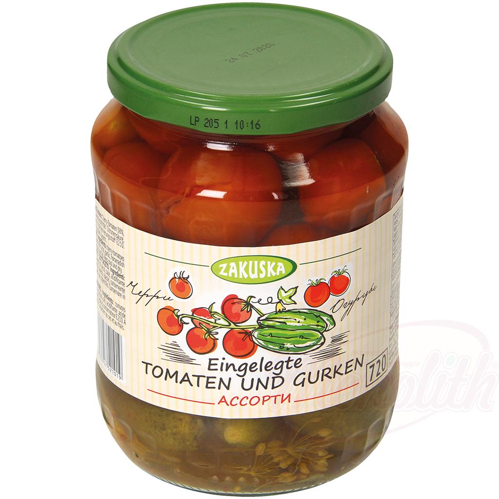 Tomates et cornichons marinés, 680g. Помидоры и огурцы маринованные "Ассорти"